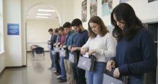 Alumnos guardando sus celulares en bolsas de seguridad Yondr antes de entrar a clase