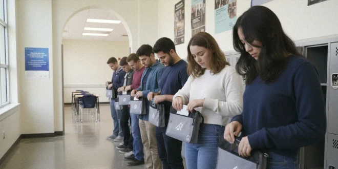 Alumnos guardando sus celulares en bolsas de seguridad Yondr antes de entrar a clase