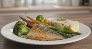Plato equilibrado con pescado azul y vegetales para una cena saludable
