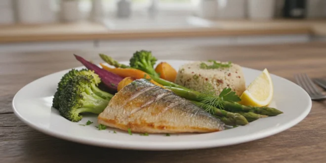 Plato equilibrado con pescado azul y vegetales para una cena saludable