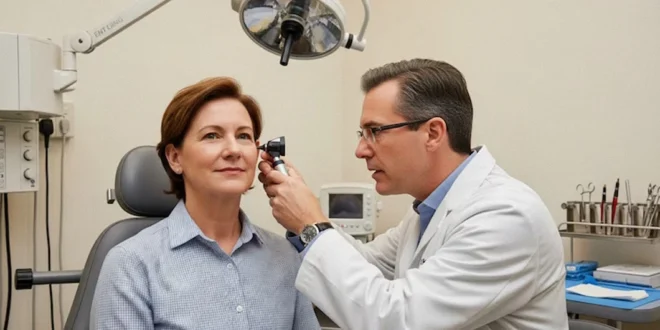 Médico realizando examen auditivo a paciente con tinnitus