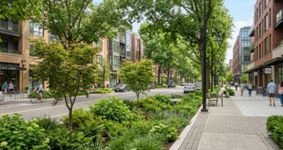 Calle urbana con árboles bien diseñados y vegetación estratificada