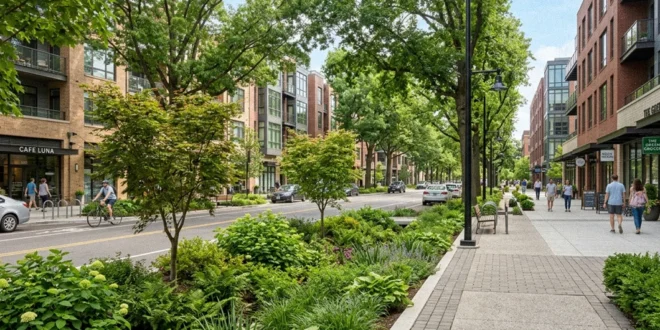 Calle urbana con árboles bien diseñados y vegetación estratificada