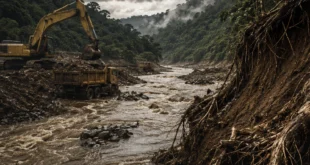 Maquinaria pesada realizando extracción de material pétreo en el cauce del río San Félix, Chiriquí, Panamá