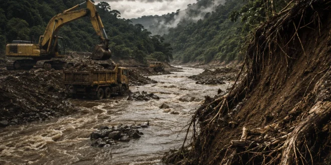 Maquinaria pesada realizando extracción de material pétreo en el cauce del río San Félix, Chiriquí, Panamá