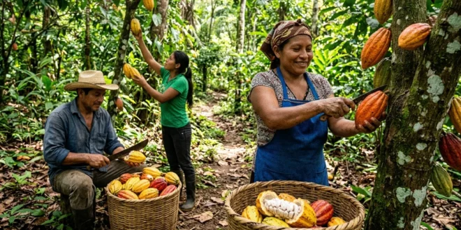 Cosecha de cacao de alta calidad en una plantación de Bocas del Toro, Panamá.