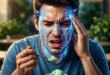 Persona experimentando un dolor de cabeza agudo tras consumir un helado frío, ilustrando la reacción del nervio trigémino.