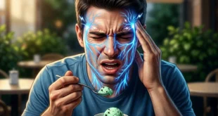 Persona experimentando un dolor de cabeza agudo tras consumir un helado frío, ilustrando la reacción del nervio trigémino.