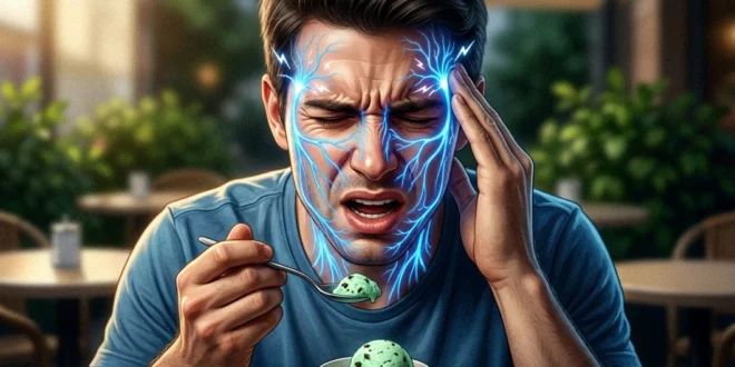 Persona experimentando un dolor de cabeza agudo tras consumir un helado frío, ilustrando la reacción del nervio trigémino.