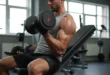 Atleta realizando curl de bíceps con mancuerna en un banco de gimnasio manteniendo la técnica correcta