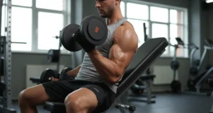 Atleta realizando curl de bíceps con mancuerna en un banco de gimnasio manteniendo la técnica correcta