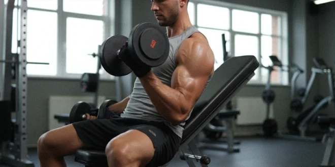 Atleta realizando curl de bíceps con mancuerna en un banco de gimnasio manteniendo la técnica correcta