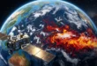 Planeta Tierra visto desde el espacio con anomalías térmicas en el océano Pacífico y satélites de monitoreo