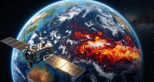 Planeta Tierra visto desde el espacio con anomalías térmicas en el océano Pacífico y satélites de monitoreo