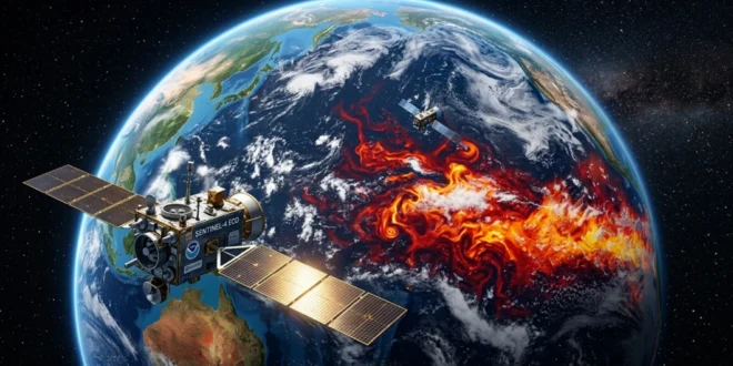 Planeta Tierra visto desde el espacio con anomalías térmicas en el océano Pacífico y satélites de monitoreo