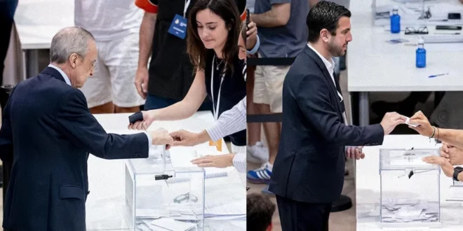Florentino Pérez y Enrique Riquelme votando en las elecciones presidenciales del Real Madrid