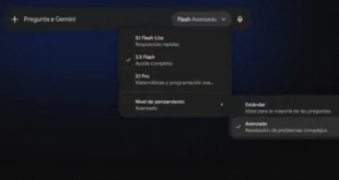 Interfaz de usuario de la plataforma Gemini de Google mostrando el menú de selección para activar el nivel de pensamiento avanzado.
