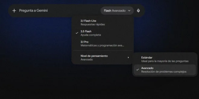 Interfaz de usuario de la plataforma Gemini de Google mostrando el menú de selección para activar el nivel de pensamiento avanzado.