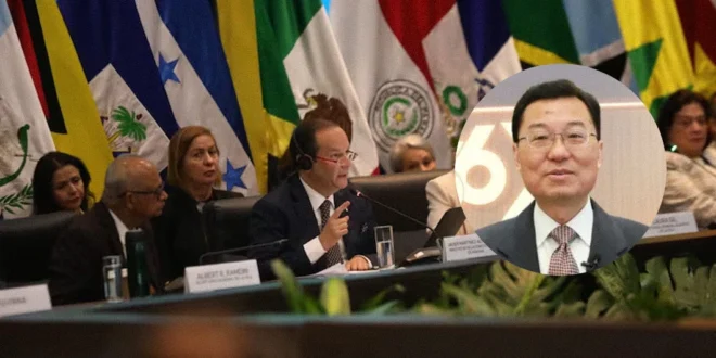 El canciller Javier Martínez-Acha durante su intervención en la Asamblea General de la OEA.