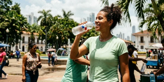Persona hidratándose con agua durante un día caluroso en Panamá
