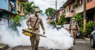 Personal de control de vectores del Minsa realizando fumigación contra el dengue en Panamá