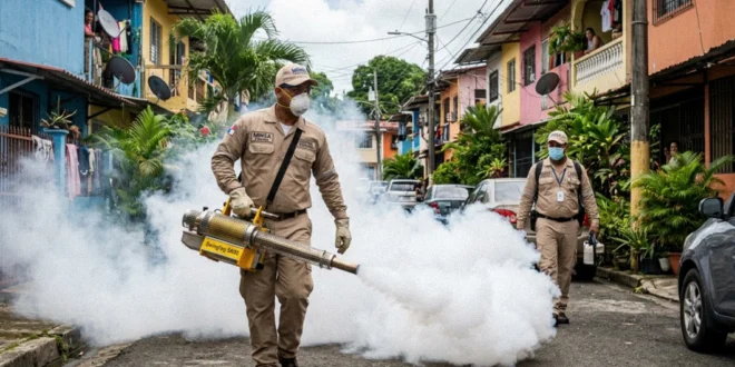 Personal de control de vectores del Minsa realizando fumigación contra el dengue en Panamá