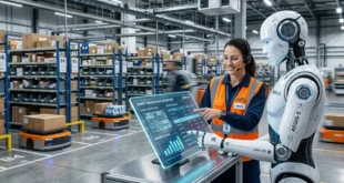 Robot humanoide trabajando junto a un operario en un almacén inteligente
