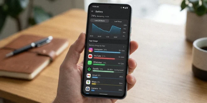 Menú de ajustes de batería en un smartphone mostrando el consumo de aplicaciones