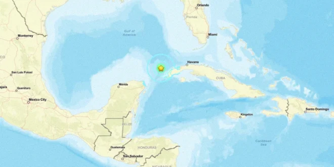 Mapa sísmico del occidente de Cuba mostrando el epicentro del terremoto de magnitud 6,1 cerca de Pinar del Río