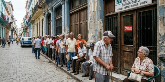 Jubilados cubanos esperando en una fila frente a un banco cerrado en La Habana