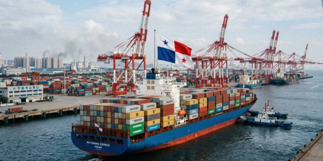 Buque portacontenedores con bandera de Panamá ingresando a terminal portuaria de carga en China