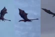 Un dragón animatrónico de House of the Dragon volando sobre el río Clyde en Glasgow