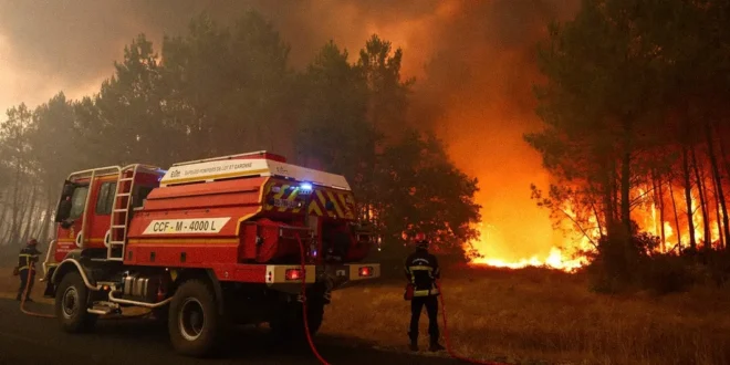 Bosque en llamas bajo un cielo cubierto de humo denso en la región de Gironda, Francia.