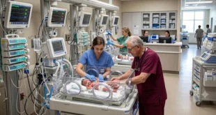 Personal médico atendiendo a un lactante en cuidados intensivos