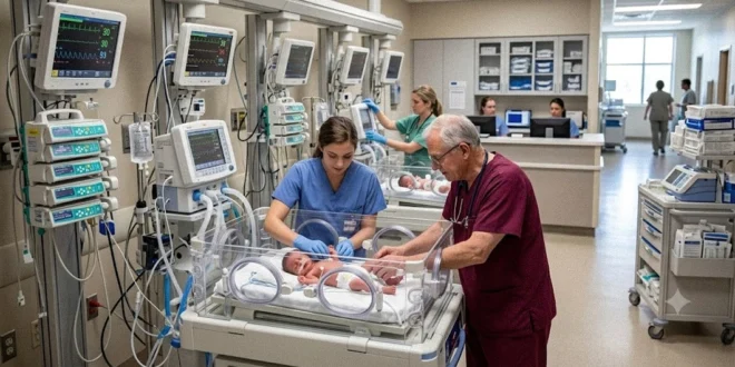 Personal médico atendiendo a un lactante en cuidados intensivos