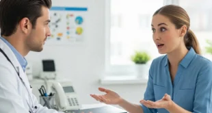 Paciente cuestionando información médica tras consultar redes sociales en un entorno clínico.