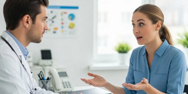 Paciente cuestionando información médica tras consultar redes sociales en un entorno clínico.