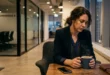 Persona cansada tras una reunión de trabajo sosteniendo una taza de café en silencio