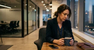 Persona cansada tras una reunión de trabajo sosteniendo una taza de café en silencio