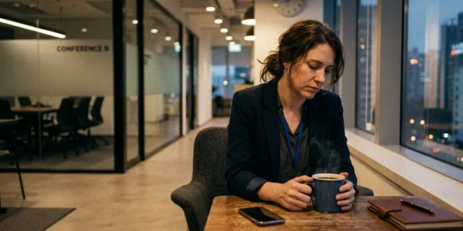 Persona cansada tras una reunión de trabajo sosteniendo una taza de café en silencio