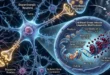 Representación tridimensional de neuronas dopaminérgicas con modificaciones epigenéticas en su ADN debido al estrés infantil.