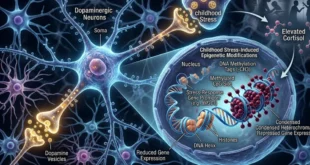 Representación tridimensional de neuronas dopaminérgicas con modificaciones epigenéticas en su ADN debido al estrés infantil.
