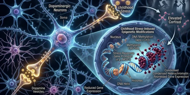 Representación tridimensional de neuronas dopaminérgicas con modificaciones epigenéticas en su ADN debido al estrés infantil.