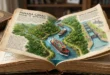 Libro abierto mostrando una ilustración del Canal de Panamá con barcos portacontenedores navegando entre sus páginas