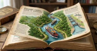 Libro abierto mostrando una ilustración del Canal de Panamá con barcos portacontenedores navegando entre sus páginas