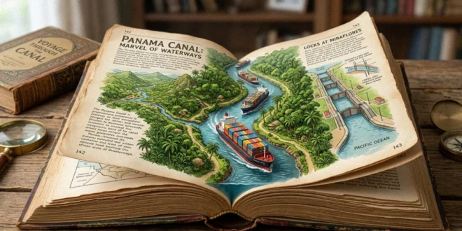 Libro abierto mostrando una ilustración del Canal de Panamá con barcos portacontenedores navegando entre sus páginas