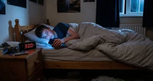 Persona mirando la pantalla iluminada de su teléfono móvil en una habitación oscura, reflejando dependencia digital