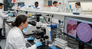Microplásticos de polietileno bajo microscopio sobre tejido hepático