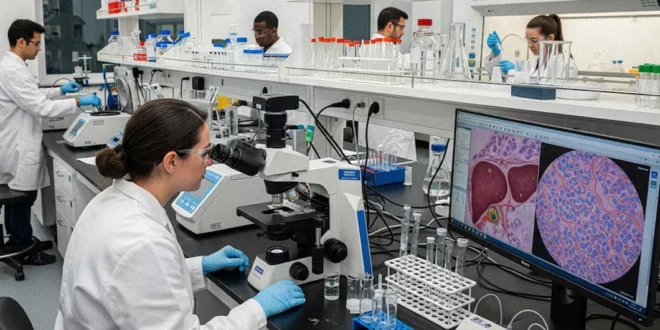 Microplásticos de polietileno bajo microscopio sobre tejido hepático