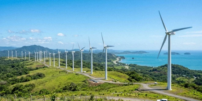 Parque de energía eólica con modernos aerogeneradores bajo un cielo despejado en Panamá